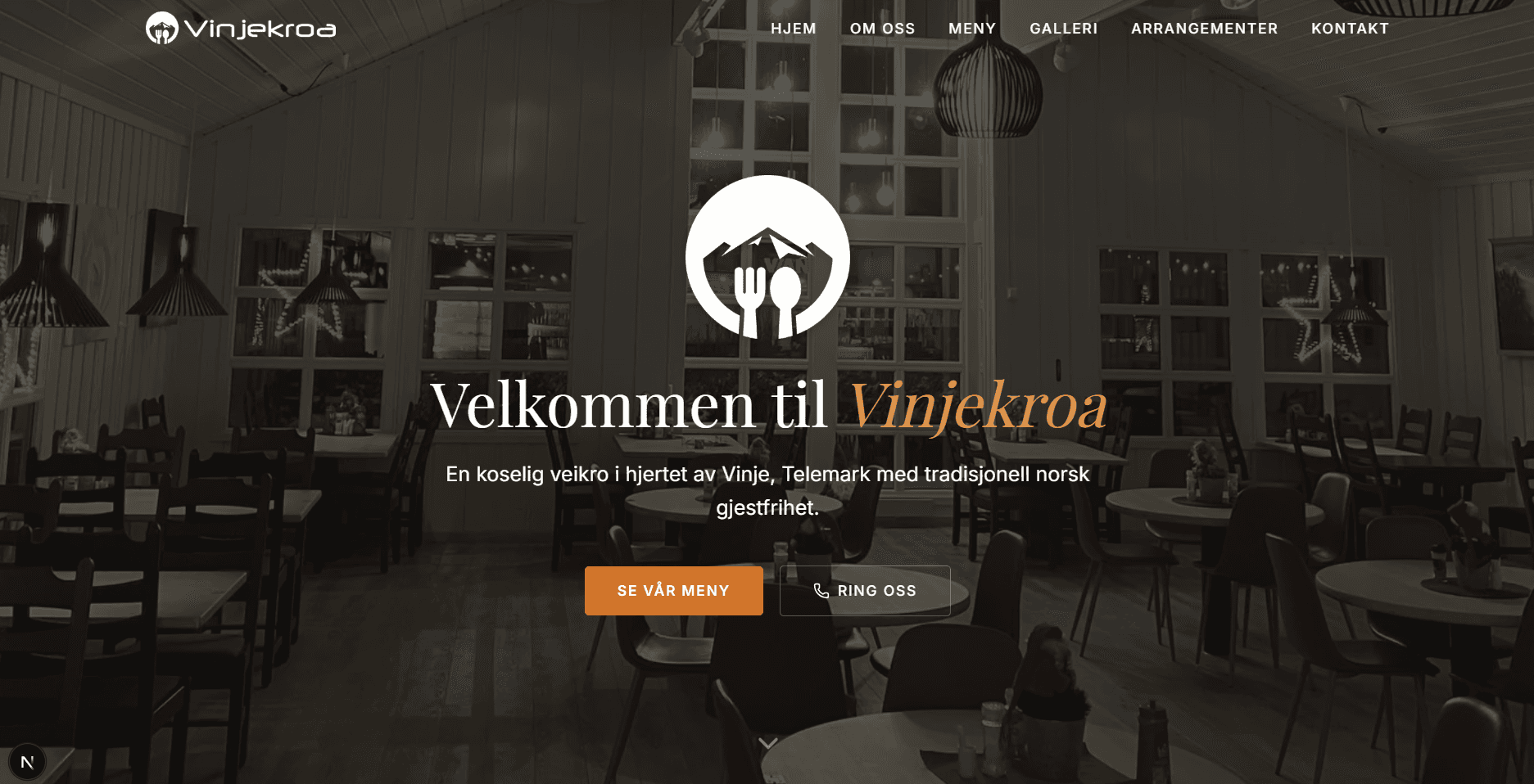 Skjermbilde av vinjekroa.no, en nettside vi har laget for Vinjekroa i Vinje
