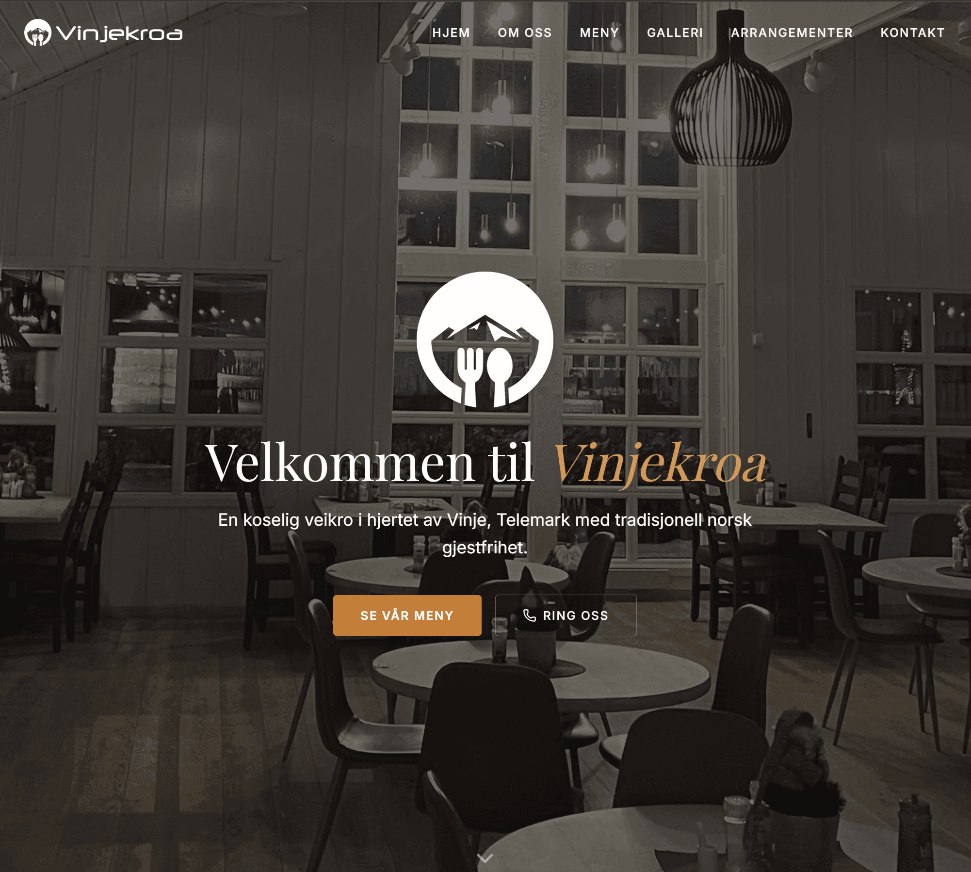 Skjermbilde av vinjekroa.no, en nettside vi har laget for Vinjekroa i Vinje